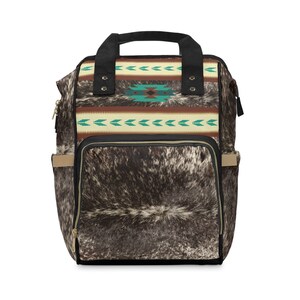 Western cowhide backpack, faux cowhide print diaper bag, boho tribal baby bag, cow print backpack, southwestern travel bag, cowgirl backpack image 3