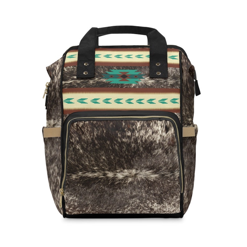 Western cowhide backpack, faux cowhide print diaper bag, boho tribal baby bag, cow print backpack, southwestern travel bag, cowgirl backpack image 3