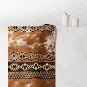 Western Cowhide Print Bath Towel, faux cowhide bathroom towel, southwestern bath towel, boho tribal Indian towel, western bath decor