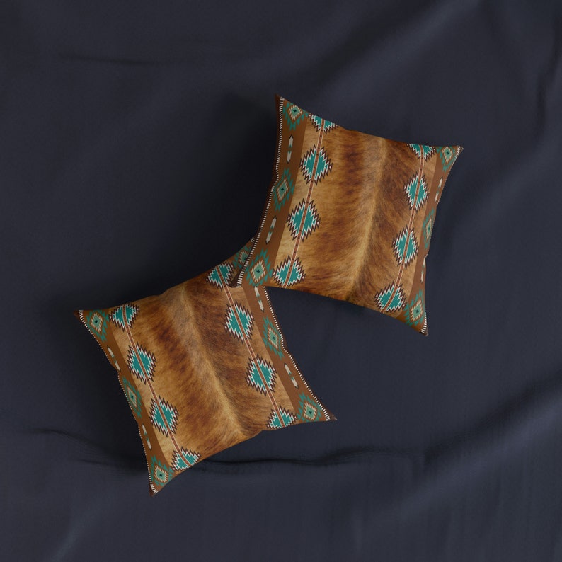 Western faux cowhide Square Pillow, cow hide print throw pillow, southwestern accent pillow, Navajo tribal pillow, western home decor, boho image 6