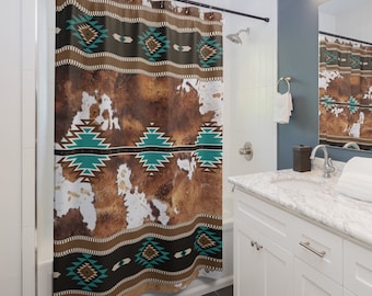 Western Cowhide Print Shower Curtain, southwestern tribal Indian barn curtain, western bathroom curtain, cowboy style bath decor