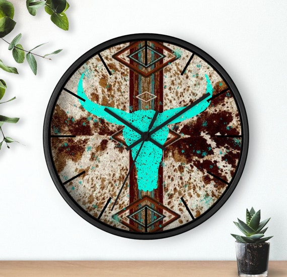 Western longhorn Wall clock | cow print clock | wooden clock | animal print clock | turquoise longhorn clock | boho tribal Indian clock