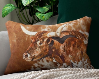 Cowhide Print Lumbar Pillow | longhorn cow throw pillow | western faux cowhide pillow | southwestern pillow | cowboy western home decor