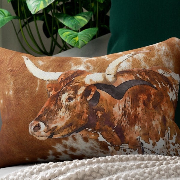 Cowhide Print Lumbar Pillow | longhorn cow throw pillow | western faux cowhide pillow | southwestern pillow | cowboy western home decor