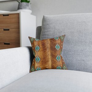 Western faux cowhide Square Pillow, cow hide print throw pillow, southwestern accent pillow, Navajo tribal pillow, western home decor, boho image 5