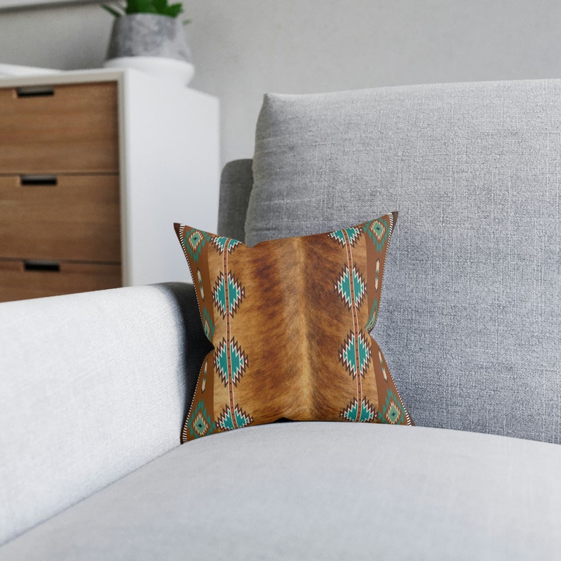 Western faux cowhide Square Pillow, cow hide print throw pillow, southwestern accent pillow, Navajo tribal pillow, western home decor, boho image 5
