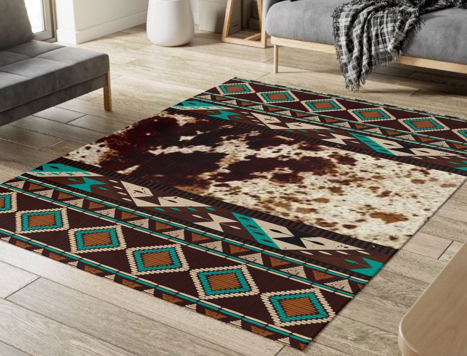 Western Cowhide print area rug | boho western accent rug | southwestern turquoise Aztec tribal rug | decorative rug | cow hide home decor