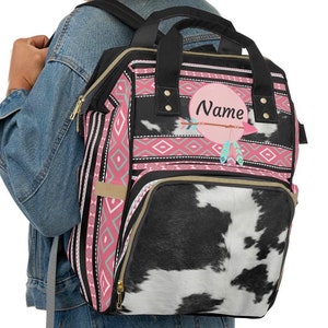 Sac à dos personnalisé en cuir de vachette imprimé, sac pour bébé indien tribal rose en fausse peau de vache, sac à dos monogrammé, sac boho personnalisé du sud-ouest