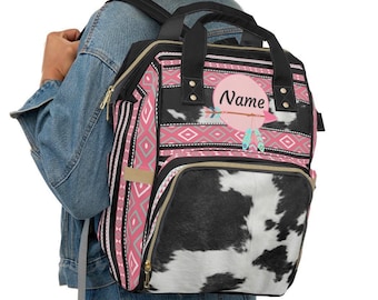 Mochila para pañales con estampado de piel de vaca personalizado, bolso para bebé de piel de vaca sintética tribal india rosa, mochila con monograma, bolso bohemio personalizado del suroeste