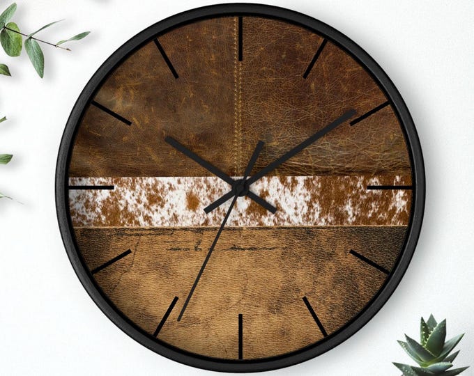Cowboy Western Wall Clock, Cowhide Print Rustic Wood Clock, Distressed Leather printed Background, Unique Home Decor, Gift for Rustic Home,