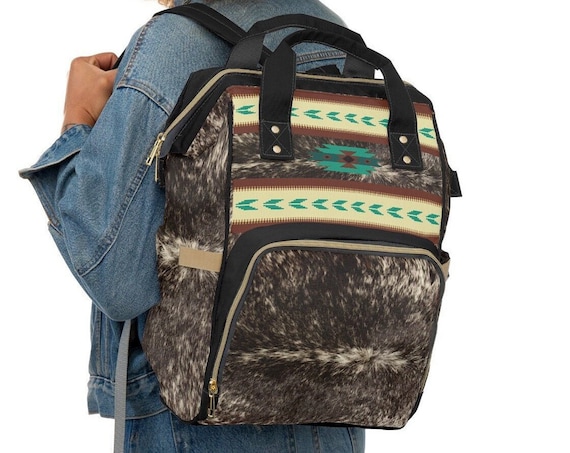 Western cowhide backpack, faux cowhide print diaper bag, boho tribal baby bag, cow print backpack, southwestern travel bag, cowgirl backpack