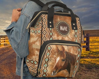 Monogrammed Western Style Horse Diaper Backpack, personalized cowhide print backpack, customized baby bag, southwestern travel bag, new moms