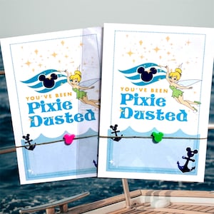 May include: Two white cards with blue borders and the text "YOU'VE BEEN Pixie Dusted". Each card features a cartoon image of Tinkerbell and a Mickey Mouse silhouette. The cards are held together with twine and decorative clips.