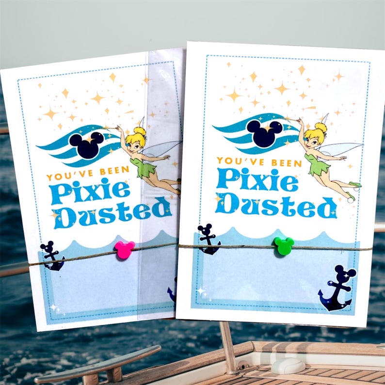 May include: Two white cards with blue borders and the text "YOU'VE BEEN Pixie Dusted". Each card features a cartoon image of Tinkerbell and a Mickey Mouse silhouette. The cards are held together with twine and decorative clips.
