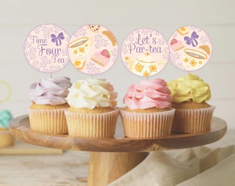 Decorazioni per cupcake di compleanno Time Four Tea (download digitale), festa del tè di compleanno, compleanno di quattro anni, decorazioni per la festa del tè, festa del quarto compleanno