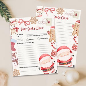 May include: Two Dear Santa Claus letter sheets with watercolor illustrations. The sheets feature a reindeer, snowman, gingerbread man, and Santa Claus. The text includes prompts for the child's name, age, and wishes.