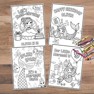 Pode incluir: Quatro páginas para colorir com tema de sereia em preto e branco com texto. Uma diz "Let's shell-ebrate!" e "Olivia tem 5 anos!". Outra diz "Happy Birthday Olivia" e tem um balão "5". A terceira diz "Splish Spash" e "It's a Mermaid Bash!". A última diz "Our Little Mermaid is 5". Lápis de cor espalhados por perto.