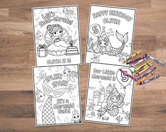 Mermaid Birthday Coloring Pages with Editable Text (Digital Download), Mermaid Party, Under the Sea, Girl Birthday Party, Let's Shell-ebrate