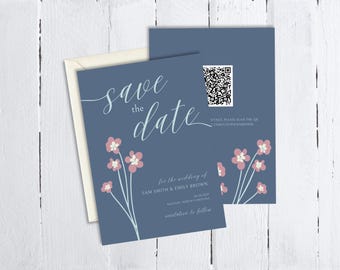 May include: A set of wedding "Save the Date" cards. The cards are a dusty blue color with the words "save the date" in a cursive font. Pink floral illustrations and a QR code are also featured.