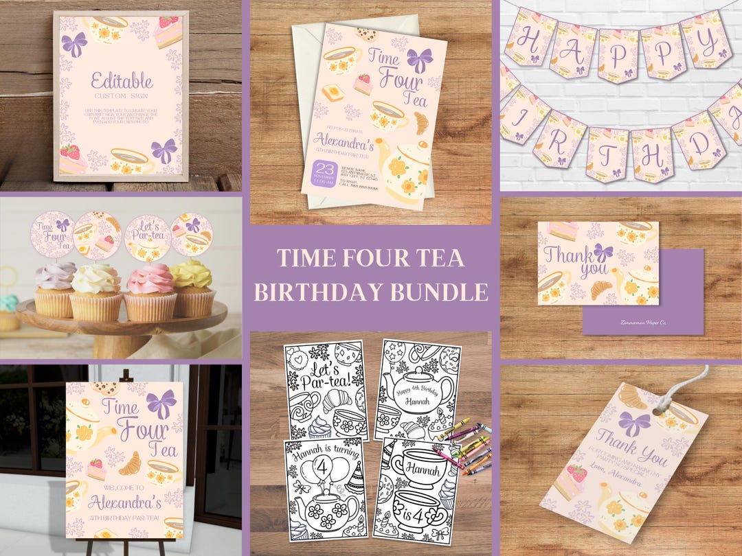 Time Four Tea Invitation Time Four Tea Birthday Invitation Bundle With Editable Text (digital ...