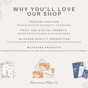 Puede incluir: Gr&aacute;fico promocional con el texto &laquo;POR QU&Eacute; TE ENCANTAR&Aacute; NUESTRA TIENDA&raquo; y detalles sobre personalizaci&oacute;n, formatos de impresi&oacute;n y digitales, producci&oacute;n de calidad interna y productos a juego. Tambi&eacute;n se muestran ilustraciones florales y dise&ntilde;os de papeler&iacute;a de muestra.