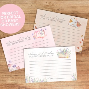 May include: Three advice and wishes cards for bridal or baby showers. The cards are light pink, beige, and white, with floral and gift box illustrations. The text "Advice and Wishes" is written on each card.