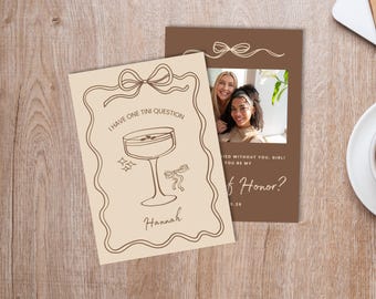 Cartão de convite para madrinha com tema de Espresso Martini e texto editável (download digital), "Tenho uma perguntinha: você quer ser minha madrinha?"
