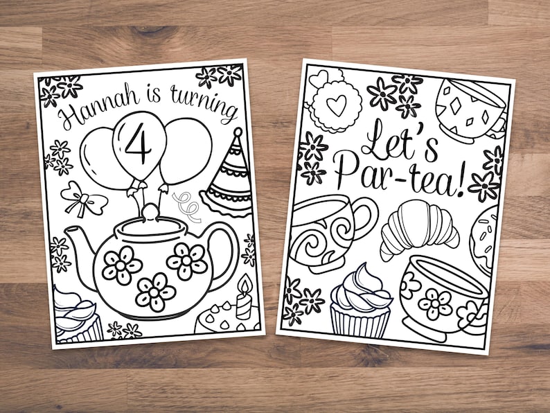 Tea Party Birthday Coloring Pages With Editable Text (digital Download ...