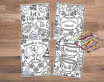 May include: Four black and white coloring pages with tea party themes, including teacups, teapots, and pastries. Text includes "Let's Par-tea!", "Hannah is turning 4", "Happy 4th Birthday Hannah", and "Hannah is 4". Crayons are scattered on a wooden surface.