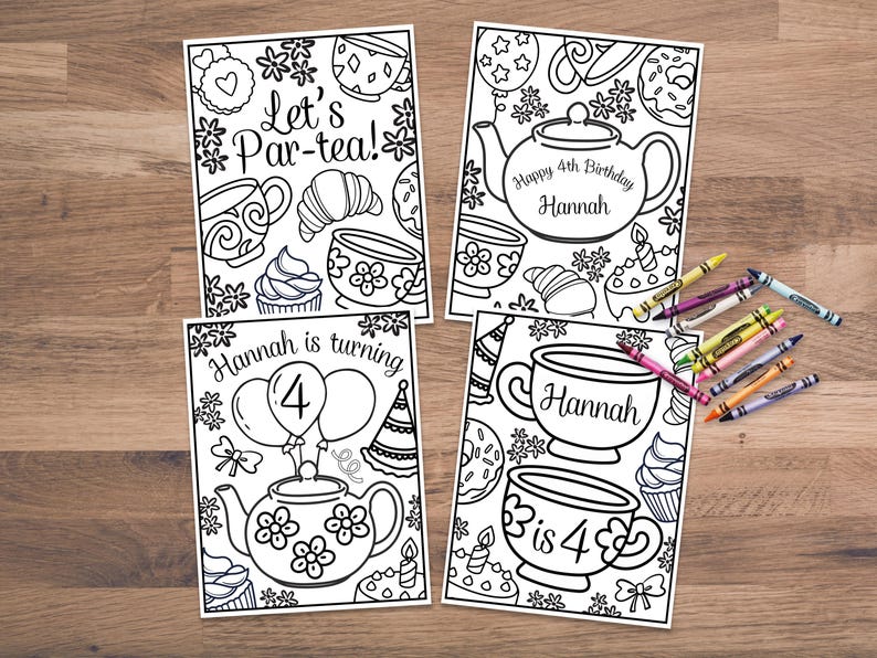 Tea Party Birthday Coloring Pages With Editable Text (digital Download ...