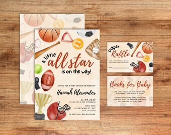 A Little All Star is on the Way Baby Shower Invitation Set (Digital Download), Sports Baby Shower, Diaper Raffle, Books for Baby, Football