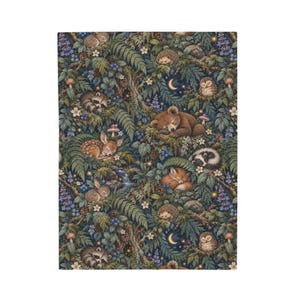 May include: A fabric print featuring a dark forest scene with sleeping animals including a bear, raccoon, deer, fox, hedgehog, and owl nestled among green ferns, blue flowers, mushrooms, and a crescent moon against a deep navy blue background.