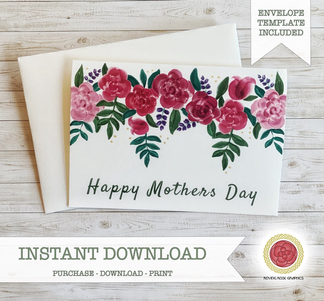 Printable Mothers Day Card, Digital Mothers Day Card, Watercolor Rose ...