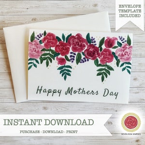 Cartão de Dia das Mães para impressão, Cartão de Dia das Mães Digital, Cartão de Dia das Mães em Aquarela Rosa