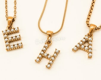Gold Initial Necklace: Stainless Steel Letter Pendant, Shell Inlay