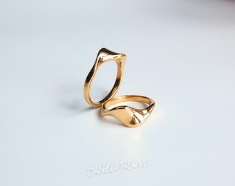 Gold Wave Ring, Organic Sculptural Band, Waterproof 18K Gold Plated Stainless Steel, Irregular Fluid Statement Ring, Non-Tarnish Jewellery