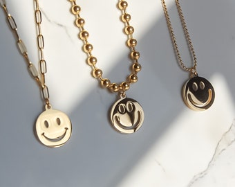 Klassieke 18k vergulde glimlach gezicht hanger ketting, kerstverjaardag sieraden cadeau - bubblenatures