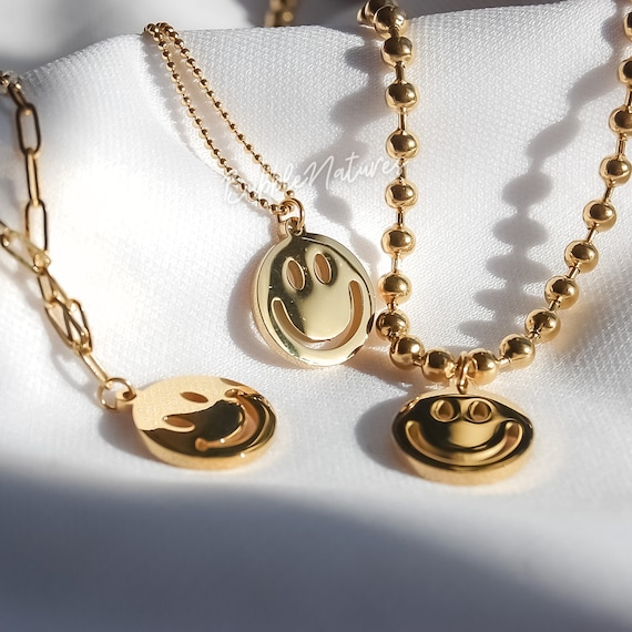 Chunky Smile Face Pendant Necklace in 18k Gold Plating