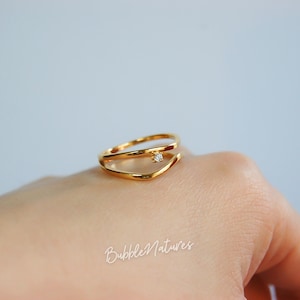18k Gold Plated Double Layer Ring, Dainty Wave Stacking Ring, Sparkling CZ Solitaire Ring, Double Band Promise Ring