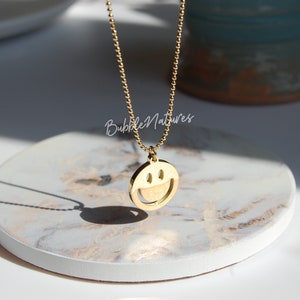Chunky Smile Face Pendant Necklace in 18k Gold Plating - Festive Jewelry Gift for Women - BubbleNatures