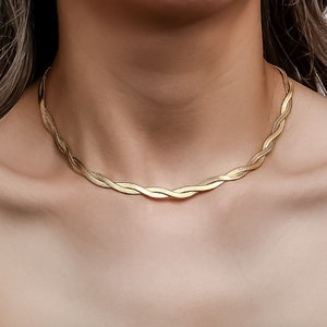 Double Layer Twisted Stainless Steel PVD 18K Gold Herringbone Snake Chain Necklace -Bubblenatures