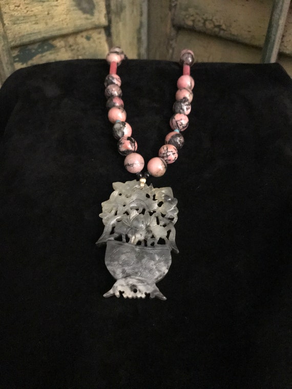 Vintage beaded Necklace with Jade Medallion - image 1