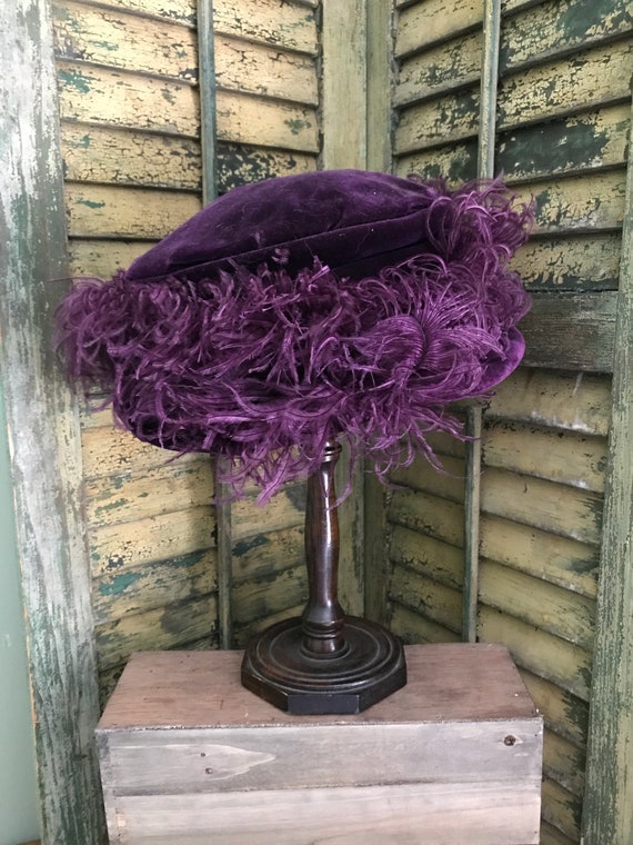 Vintage velvet brimmed hat with ostrich feathers