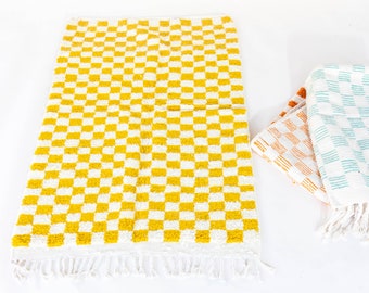 Yellow Checkered Rug Morocco ~5"x3" Handmade