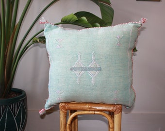 Cactus Silk Pillow - Faded Baby Blue - Square 22" x 22" - Handmade Morocco - Vintage