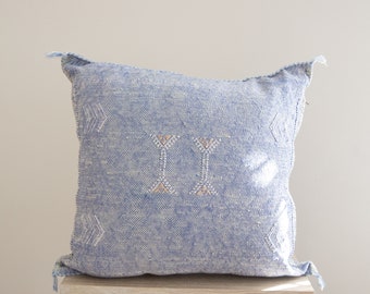 Moroccan Cactus Silk Pillow Cover - Handmade - Vintage - Faded Denim Blue
