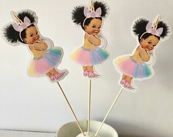 set of 5 Unicorn Baby Girl Centerpiece Sticks 4 inches Cake Topper Rainbow Tutu Pink Sneakers Birthday Party Decorations