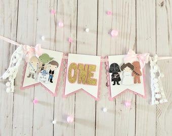 Pink Star Wars 1st Birthday Banner: Glitter One High Chair Decoration