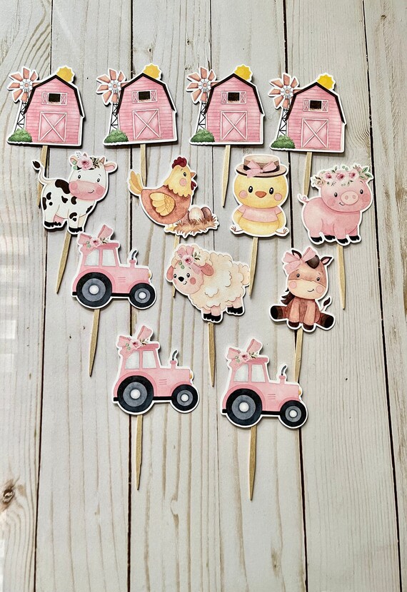 Pink Farm Cupcake Toppers Girl Farm Birthday Party Etsy