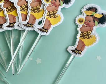 Sunflower Baby Girl Cupcake Toppers: Birthday, Shower, Set of 12